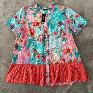 NWT Tolani Geri Blouse Short Sleeve Women's size XL Aqua Coral Peplum